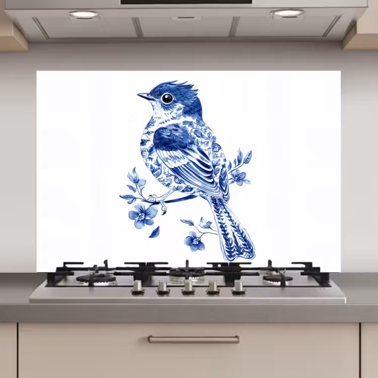 Vogel - Delfts blauw - Illustratie - Bloemen keuken achterwand spatscherm klein -3d_website