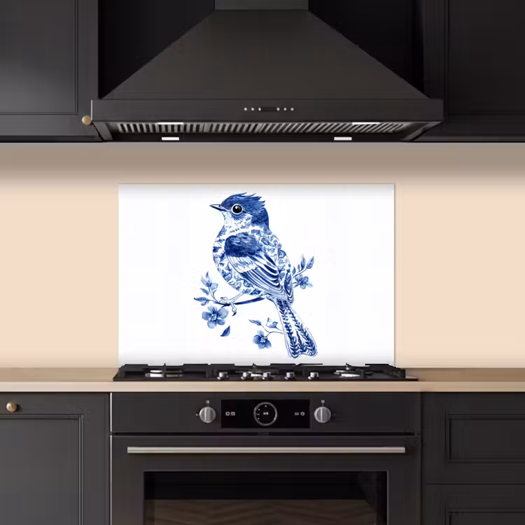 Vogel - Delfts blauw - Illustratie - Bloemen keuken achterwand spatscherm klein -sfeer1
