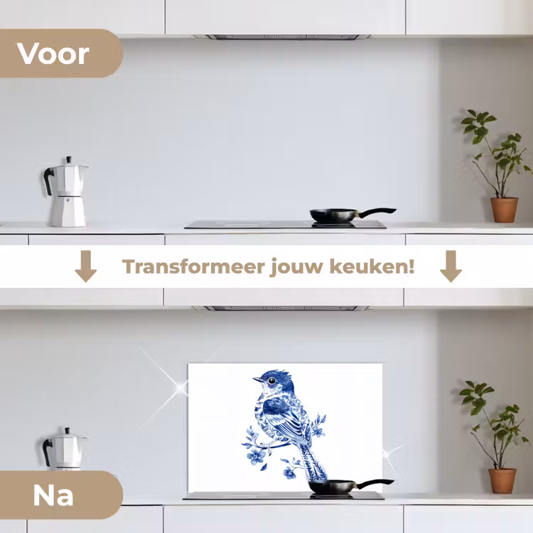 Vogel - Delfts blauw - Illustratie - Bloemen keuken achterwand spatscherm klein -voor_na_NL