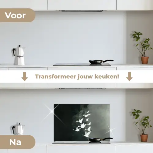 Vogel - Japandi - Groen keuken achterwand spatscherm klein -voor_na_NL