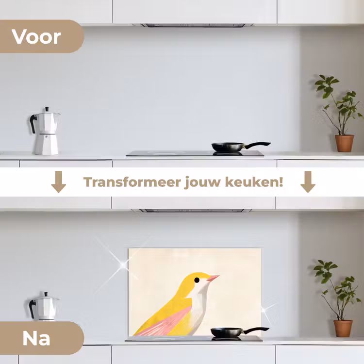 Vogel - Minimalistisch - Geel keuken achterwand spatscherm klein -voor_na_NL