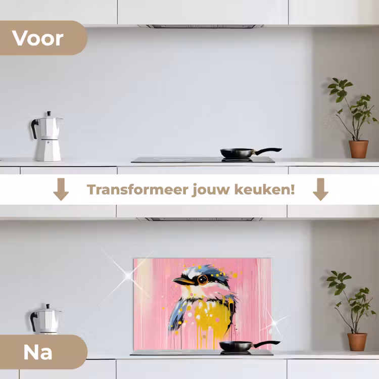 Vogel - Roze - Geel - Blauw keuken achterwand spatscherm klein -voor_na_NL
