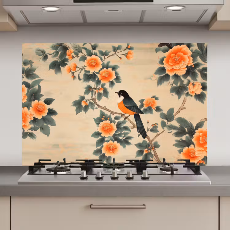 Vogel - Tak - Bloemen - Oranje keuken achterwand spatscherm klein -3d_website