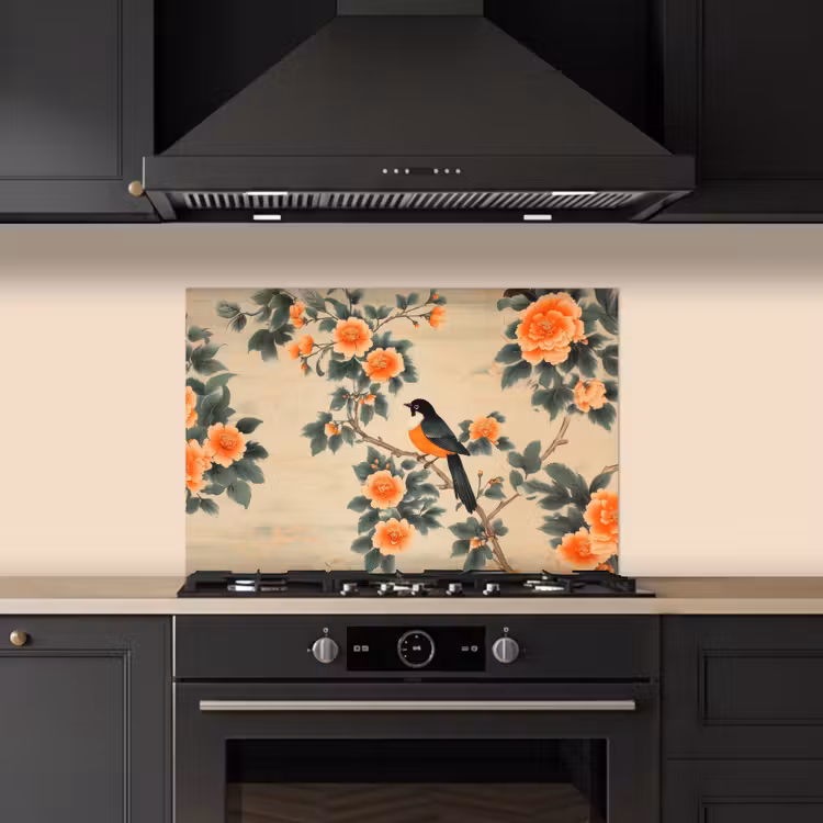 Vogel - Tak - Bloemen - Oranje keuken achterwand spatscherm klein -sfeer1