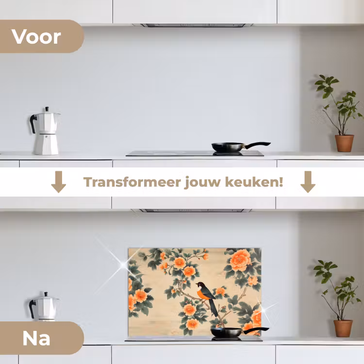 Vogel - Tak - Bloemen - Oranje keuken achterwand spatscherm klein -voor_na_NL