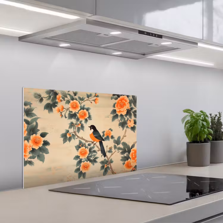 Vogel - Tak - Bloemen - Oranje keuken achterwand spatscherm klein -3d_schuin