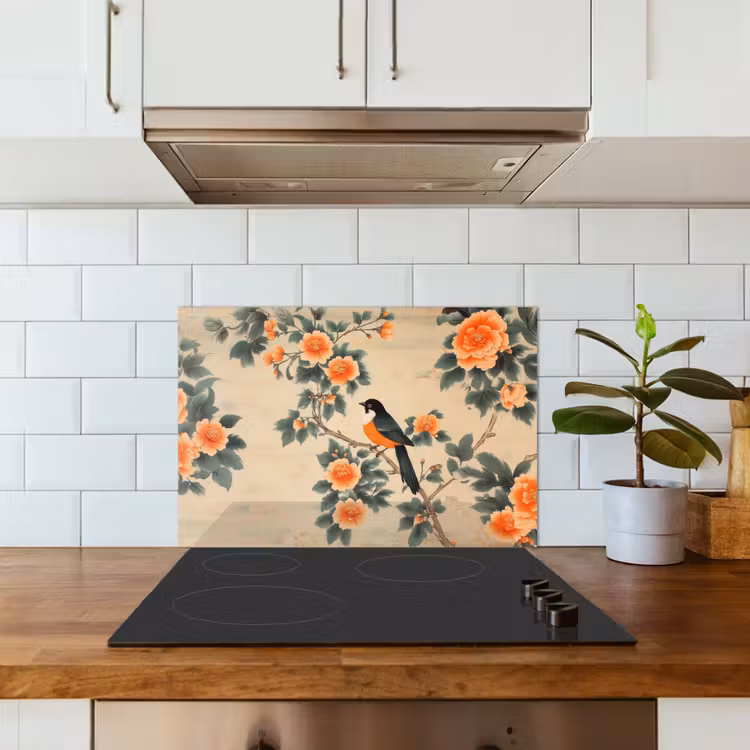 Vogel - Tak - Bloemen - Oranje keuken achterwand spatscherm klein -sfeer2