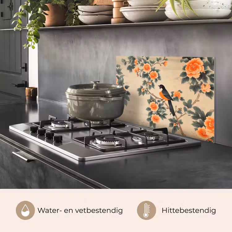 Vogel - Tak - Bloemen - Oranje keuken achterwand spatscherm klein -usp_NL