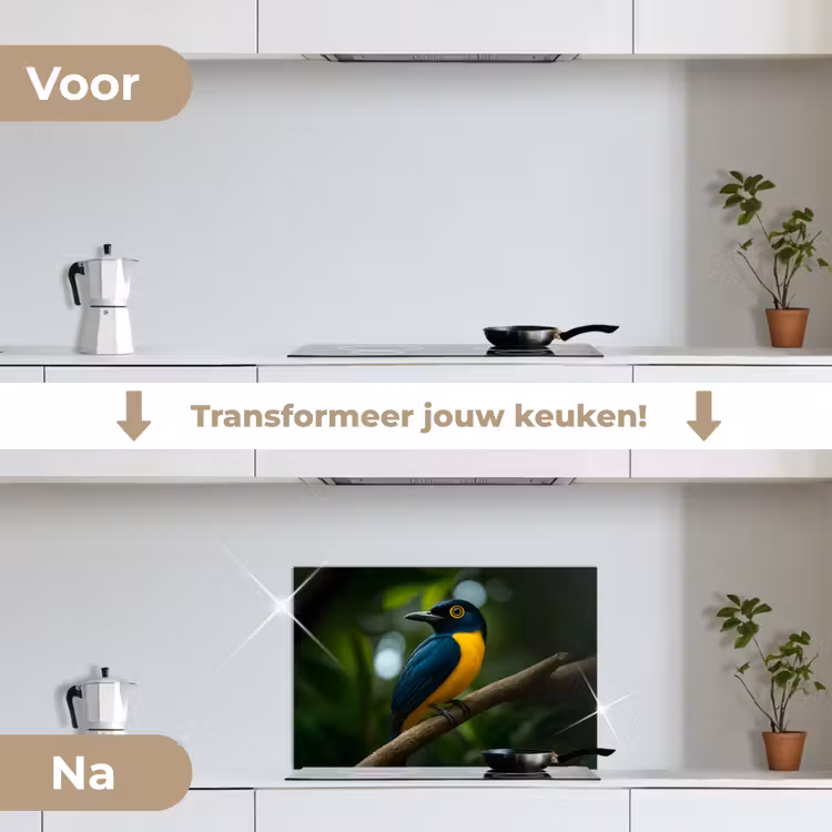 Vogel - Tak - Geel - Bladeren keuken achterwand spatscherm klein -voor_na_NL