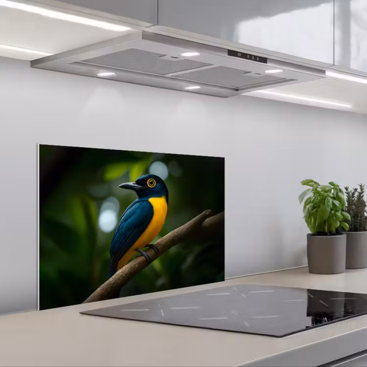 Vogel - Tak - Geel - Bladeren keuken achterwand spatscherm klein -3d_schuin