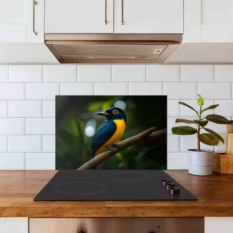 Vogel - Tak - Geel - Bladeren keuken achterwand spatscherm klein -sfeer2
