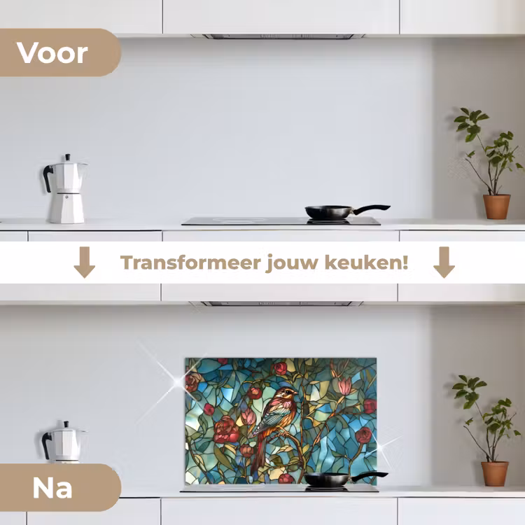 Vogel - Tak - Rozen - Mozaïek keuken achterwand spatscherm klein -voor_na_NL