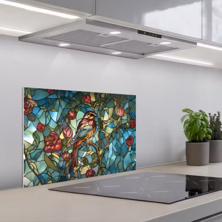 Vogel - Tak - Rozen - Mozaïek keuken achterwand spatscherm klein -3d_schuin