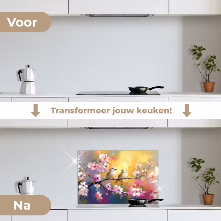 Vogels - Bloemen - Roze keuken achterwand spatscherm klein -voor_na_NL