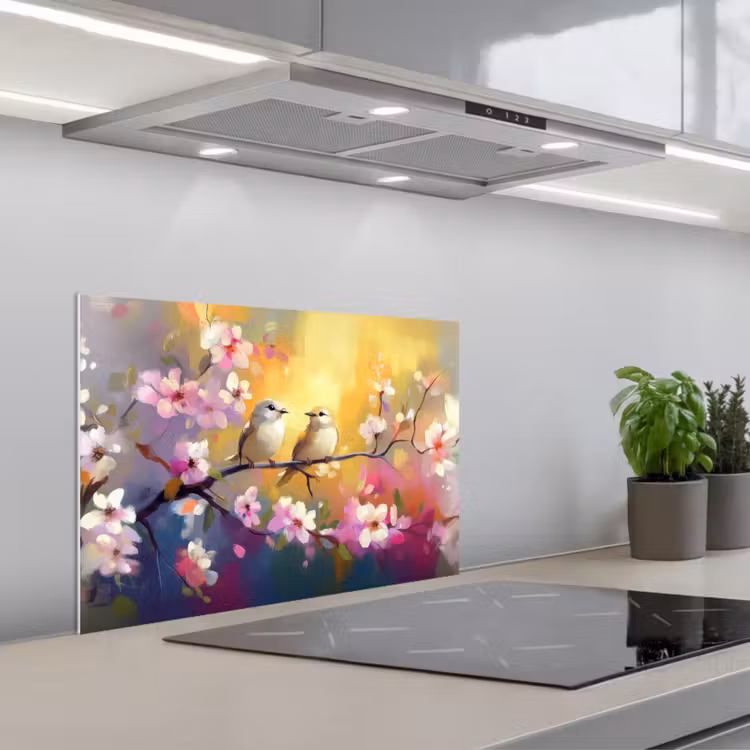 Vogels - Bloemen - Roze keuken achterwand spatscherm klein -3d_schuin