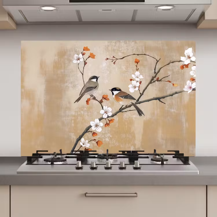 Vogels - Bloesemtak - Bloemen - Oranje keuken achterwand spatscherm klein -3d_website