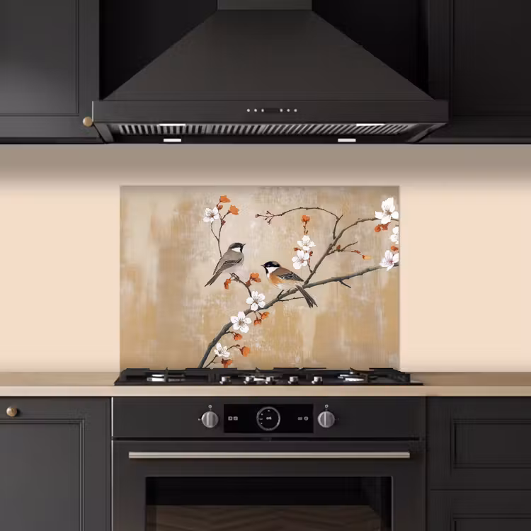 Vogels - Bloesemtak - Bloemen - Oranje keuken achterwand spatscherm klein -sfeer1