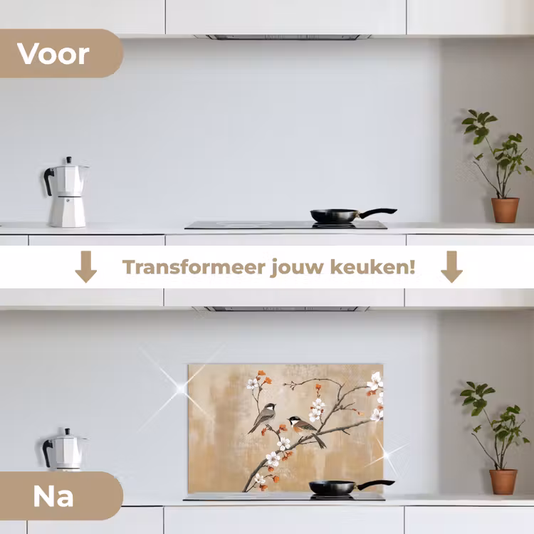 Vogels - Bloesemtak - Bloemen - Oranje keuken achterwand spatscherm klein -voor_na_NL