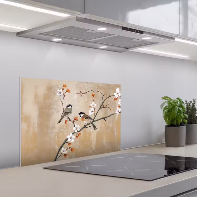 Vogels - Bloesemtak - Bloemen - Oranje keuken achterwand spatscherm klein -3d_schuin