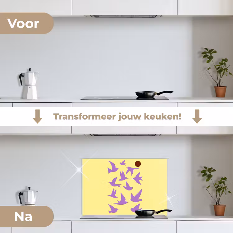 Vogels - Cirkel - Geel - Beweging keuken achterwand spatscherm klein -voor_na_NL