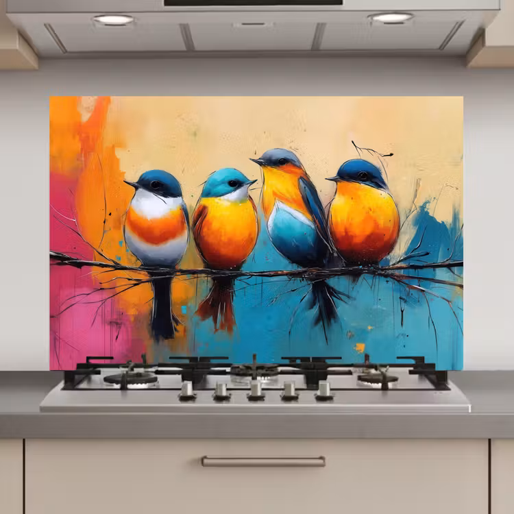 Vogels - Kleurrijk - Tak - Abstract keuken achterwand spatscherm klein -3d_website
