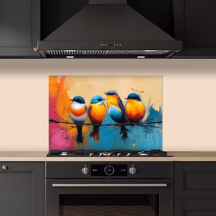 Vogels - Kleurrijk - Tak - Abstract keuken achterwand spatscherm klein -sfeer1