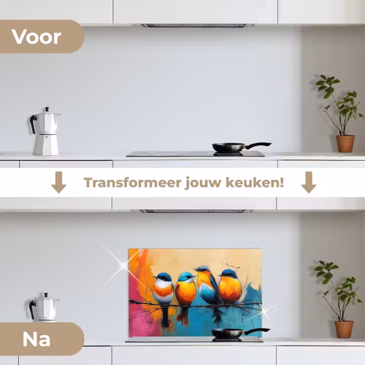 Vogels - Kleurrijk - Tak - Abstract keuken achterwand spatscherm klein -voor_na_NL