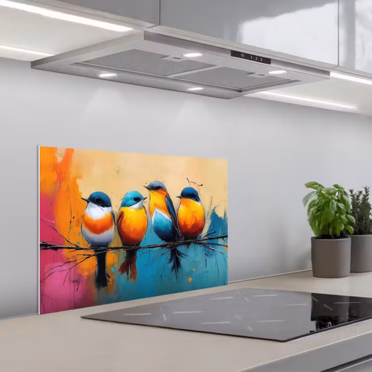 Vogels - Kleurrijk - Tak - Abstract keuken achterwand spatscherm klein -3d_schuin