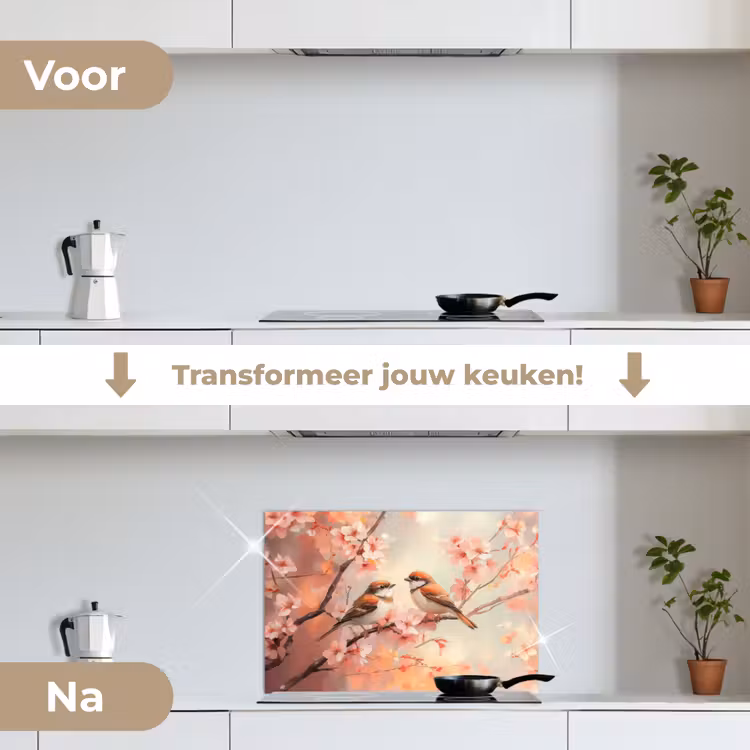 Vogels - Romantic - Bloesemtak keuken achterwand spatscherm klein -voor_na_NL