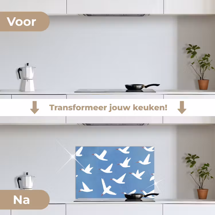 Vogels - Wit - Patroon keuken achterwand spatscherm klein -voor_na_NL
