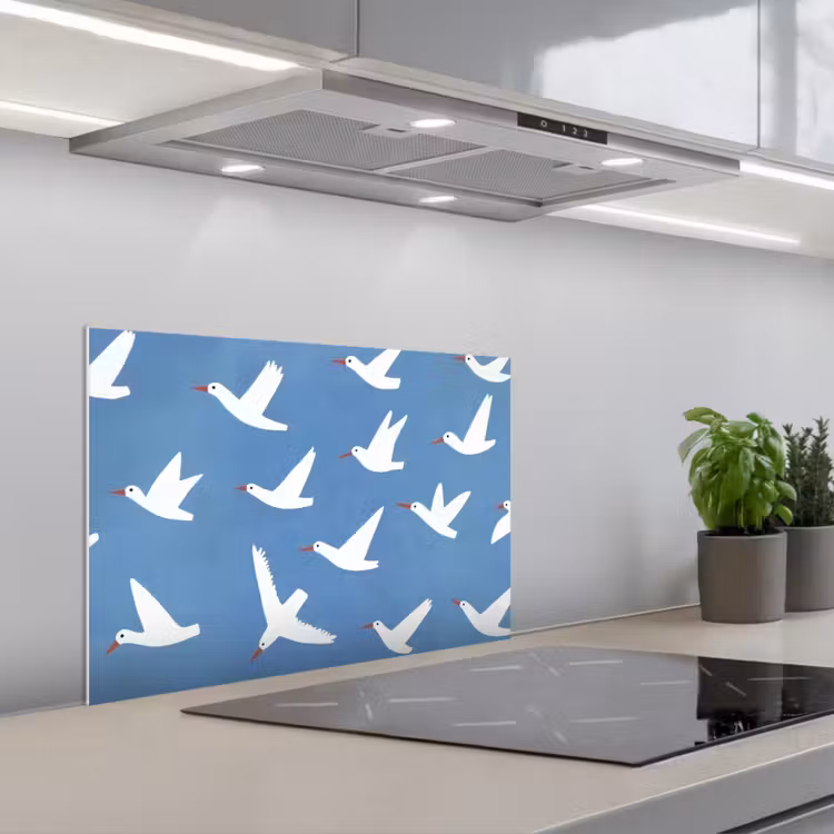 Vogels - Wit - Patroon keuken achterwand spatscherm klein -3d_schuin