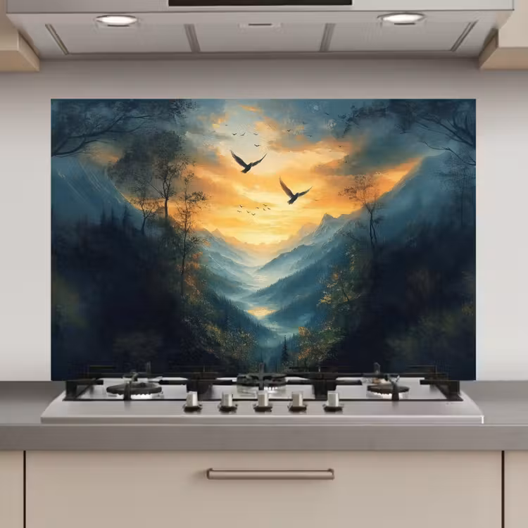 Vogels - Zon - Bomen - Groen keuken achterwand spatscherm klein -3d_website