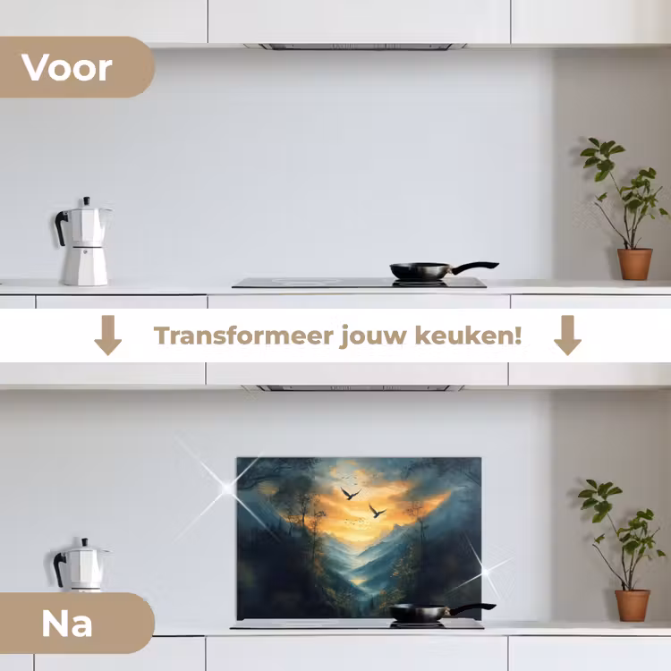 Vogels - Zon - Bomen - Groen keuken achterwand spatscherm klein -voor_na_NL