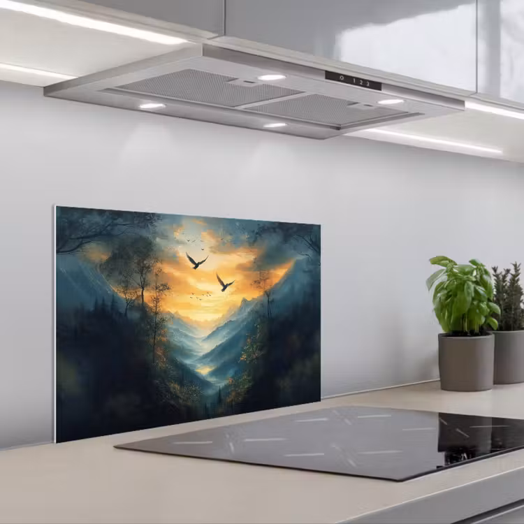Vogels - Zon - Bomen - Groen keuken achterwand spatscherm klein -3d_schuin