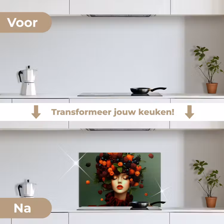 Vrouw - Aardbeien - Frambozen - Bramen - Bessen keuken achterwand spatscherm klein -voor_na_NL