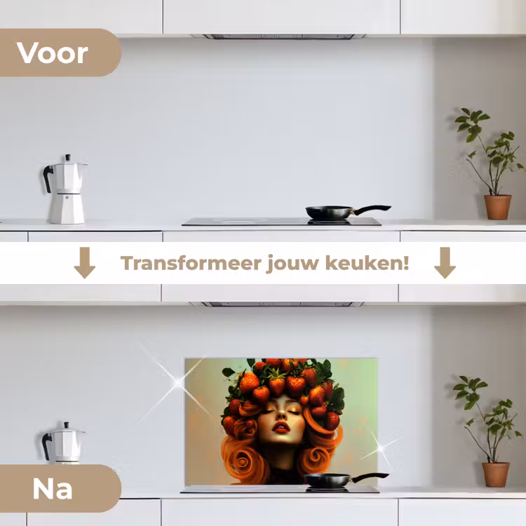 Vrouw - Aardbeien - Kroon keuken achterwand spatscherm klein -voor_na_NL