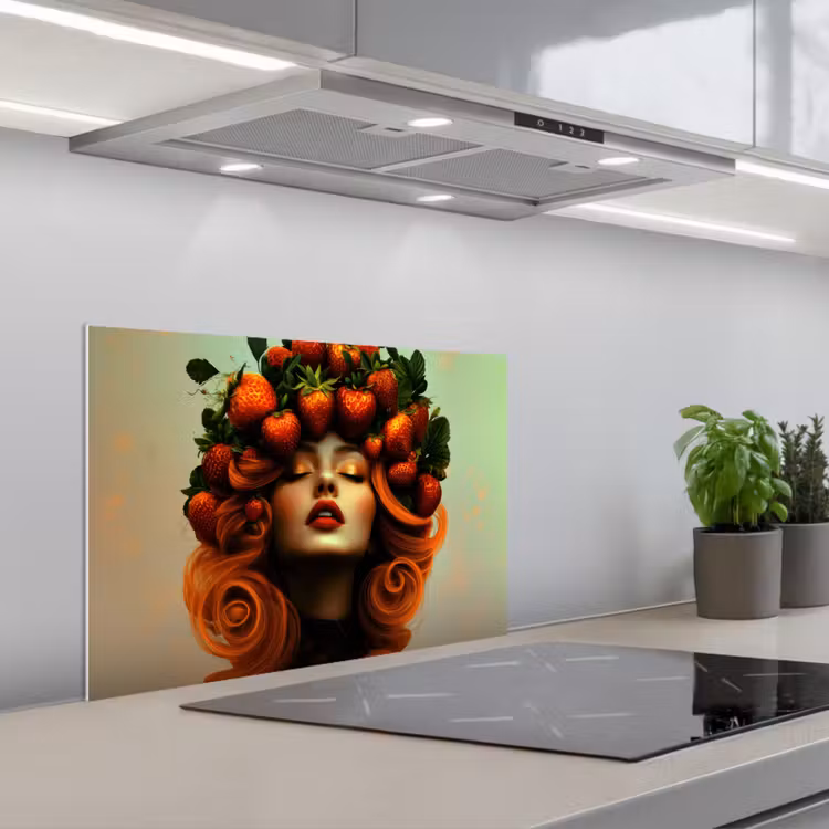 Vrouw - Aardbeien - Kroon keuken achterwand spatscherm klein -3d_schuin