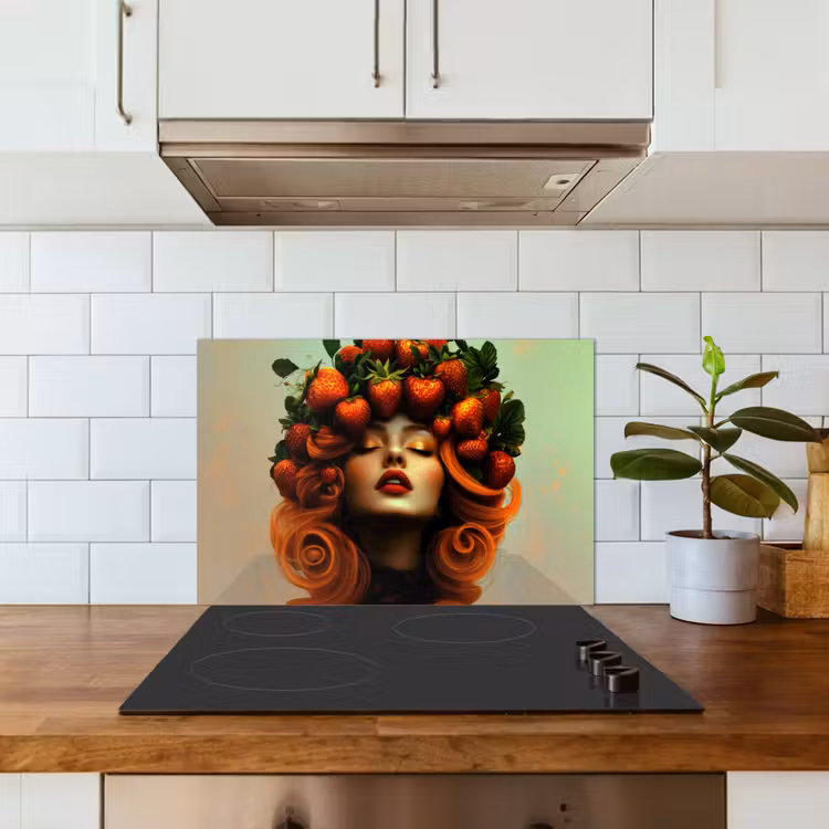 Vrouw - Aardbeien - Kroon keuken achterwand spatscherm klein -sfeer2