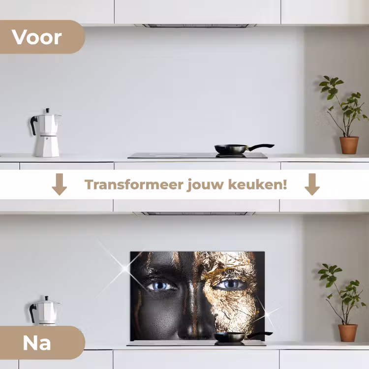 Vrouw - Bladgoud - Zwart - Goud - Luxe keuken achterwand spatscherm klein -voor_na_NL
