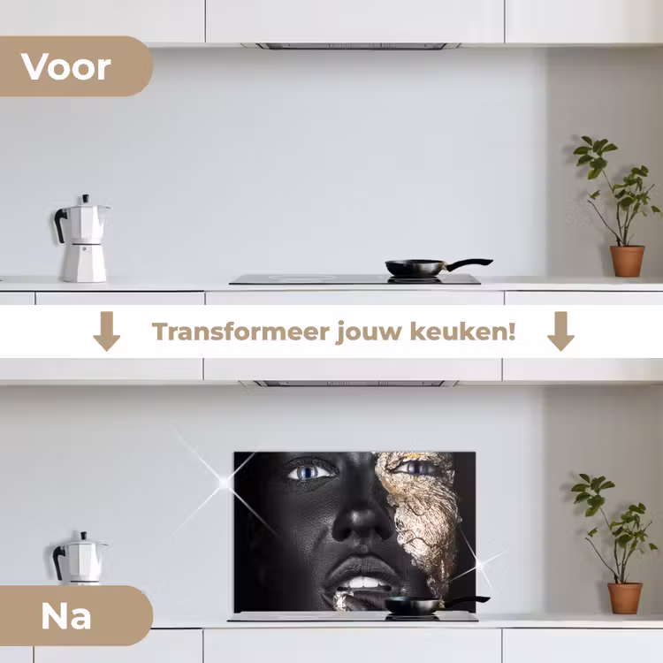 Vrouw - Bladgoud - Zwart - Huid - Luxe keuken achterwand spatscherm klein -voor_na_NL