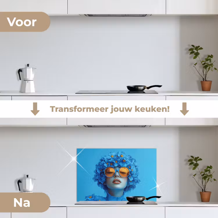 Vrouw - Bloem - Blauw - Modern - Bril - Portret keuken achterwand spatscherm klein -voor_na_NL