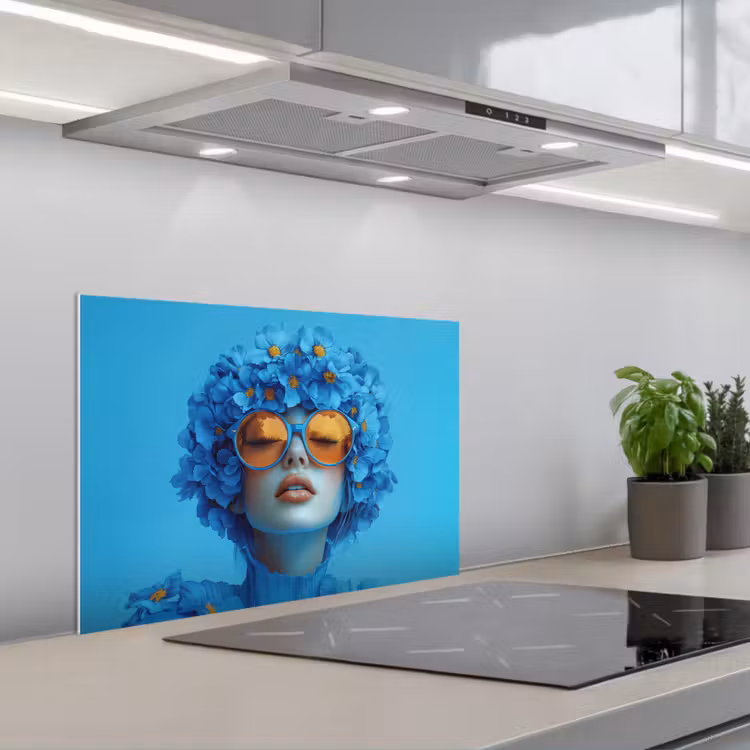Vrouw - Bloem - Blauw - Modern - Bril - Portret keuken achterwand spatscherm klein -3d_schuin