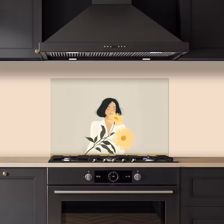Vrouw - Bloem - Geel - Minimalistisch keuken achterwand spatscherm klein -sfeer1