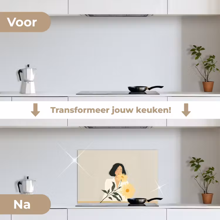Vrouw - Bloem - Geel - Minimalistisch keuken achterwand spatscherm klein -voor_na_NL