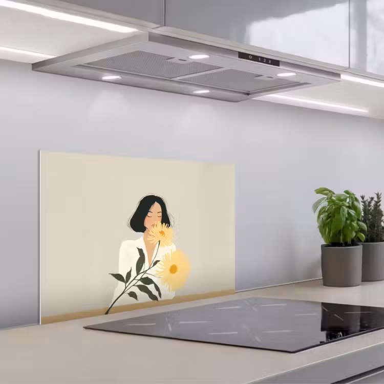 Vrouw - Bloem - Geel - Minimalistisch keuken achterwand spatscherm klein -3d_schuin