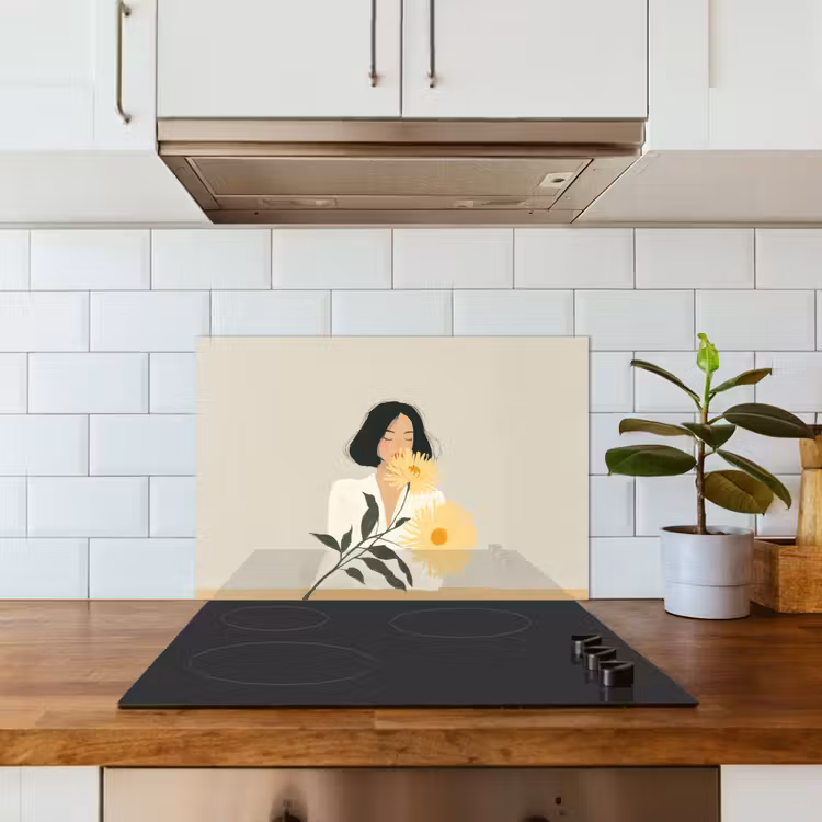 Vrouw - Bloem - Geel - Minimalistisch keuken achterwand spatscherm klein -sfeer2