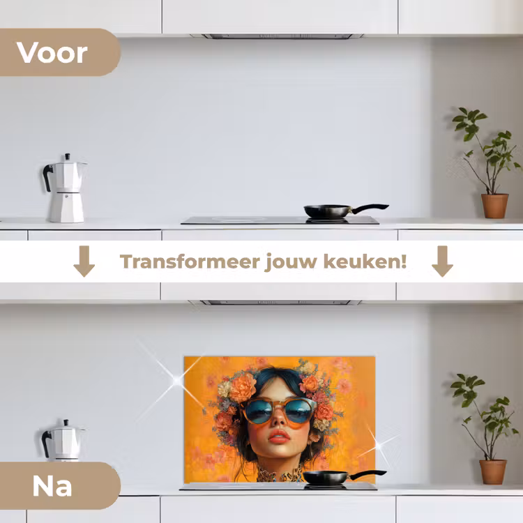 Vrouw - Bloemen - Aesthetic - Oranje keuken achterwand spatscherm klein -voor_na_NL