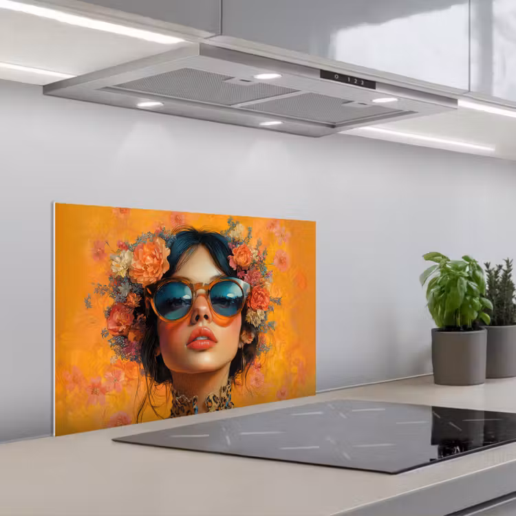 Vrouw - Bloemen - Aesthetic - Oranje keuken achterwand spatscherm klein -3d_schuin