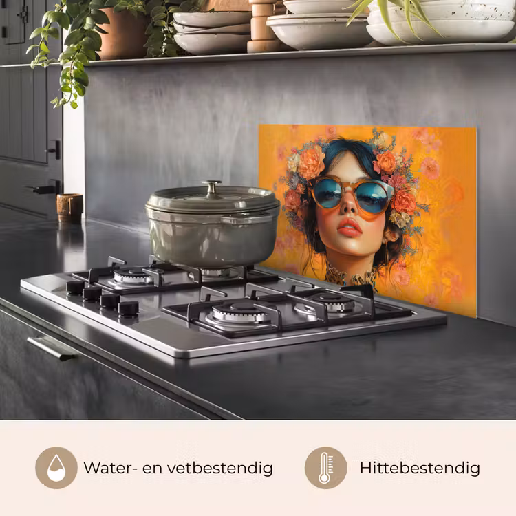 Vrouw - Bloemen - Aesthetic - Oranje keuken achterwand spatscherm klein -usp_NL