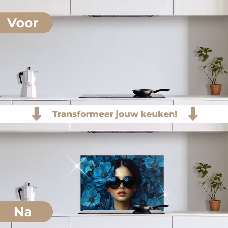 Vrouw - Bloemen - Blauw - Aesthetic - Luxe keuken achterwand spatscherm klein -voor_na_NL